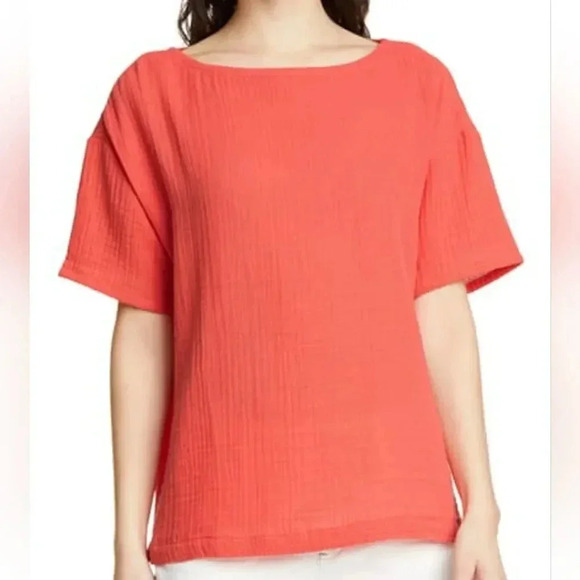 Eileen Fisher Size Large Boat Neck Boxy Blouse Organic Cotton Orange Color Gauge - Picture 1 of 10